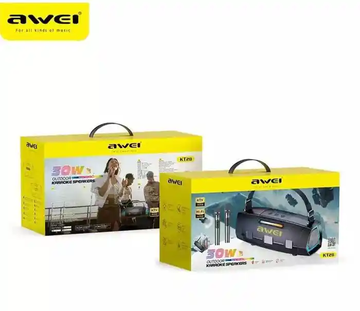 AWEI KT28 Karaoke Wireless Bluetooth Speaker With Dual Wireless Mic Outdoor Portable RGB HiFi Audio USB Player System